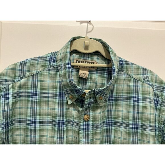 Duluth Trading Button Down Large Tall Short Sleeve Green Blue Plaid - Picture 2 of 8